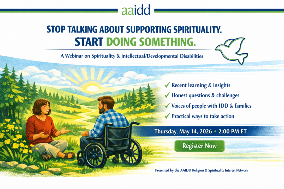 Illustrated webinar graphic showing two people in conversation outdoors, including one wheelchair user, promoting an AAIDD webinar on spirituality and intellectual/developmental disabilities on May 14, 2026 at 2:00 PM ET.
